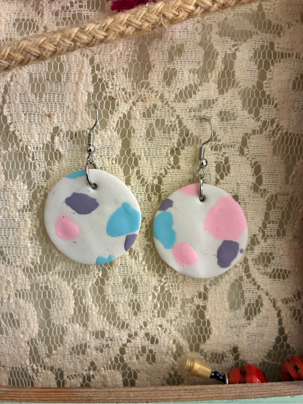 Handmade White Polymer Clay Disc Earrings with Pink, Blue and Purple Accents